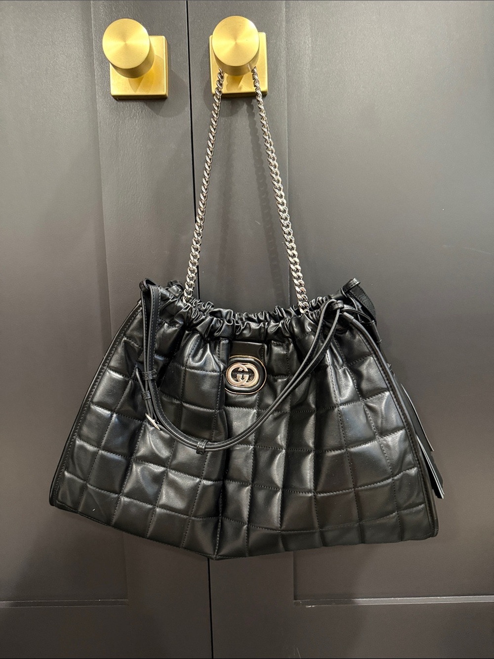 Gucci Black Quilted Leather Drawstring Shoulder Tote with Chain Strap
